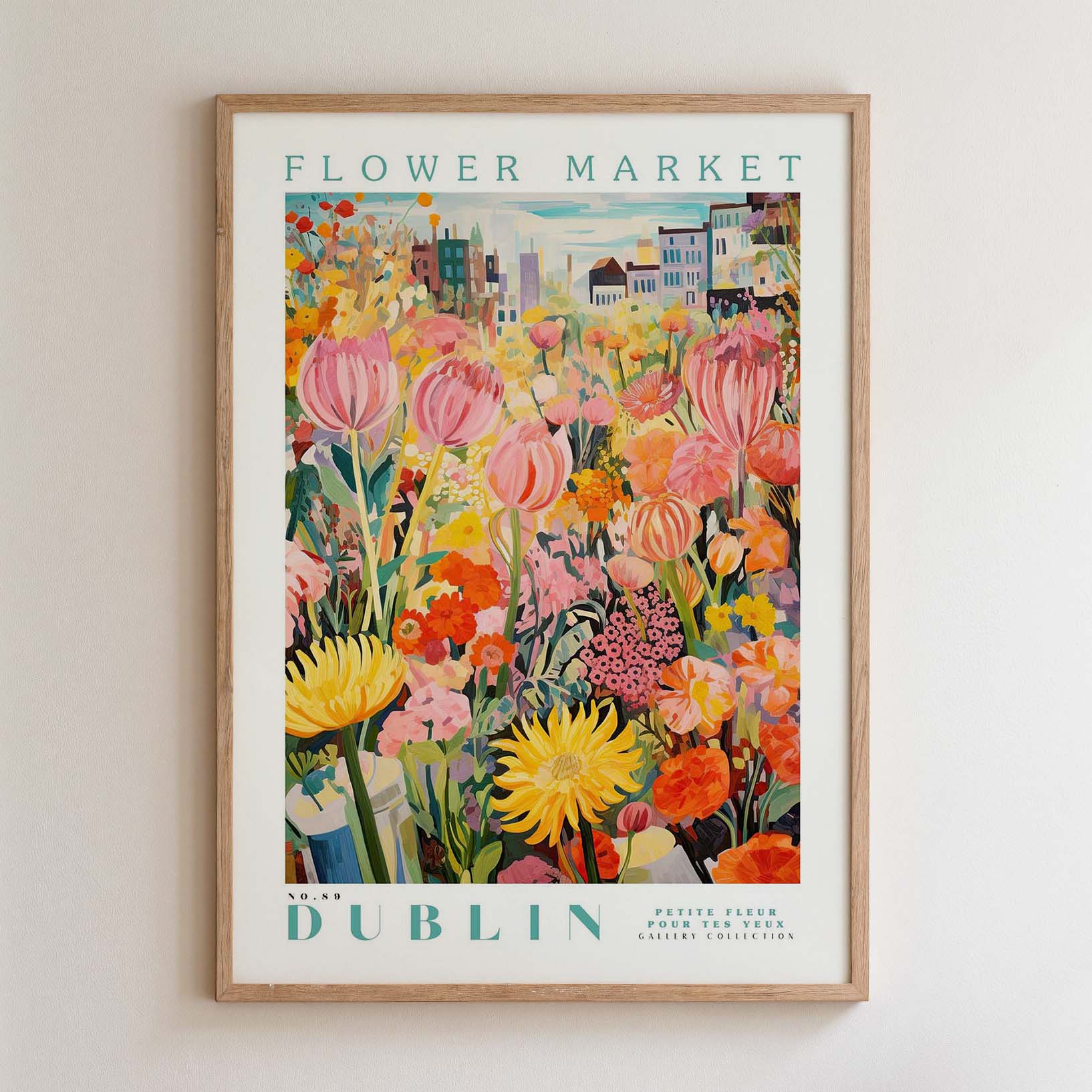 The image is a framed poster of a colorful and vibrant flower market in Dublin, Ireland.