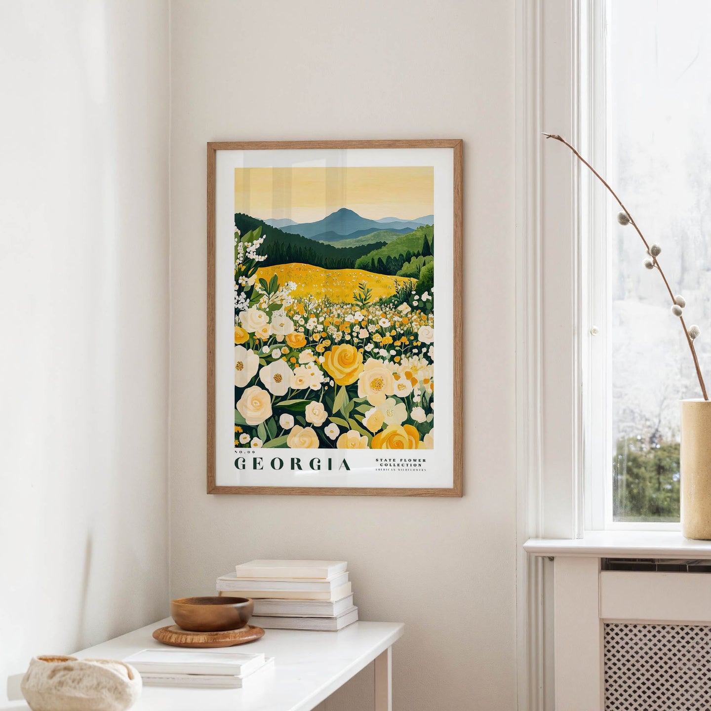 a framed poster of a field of flowers, with the text "GEORGIA STATE FLOWER COLLECTION" below it.