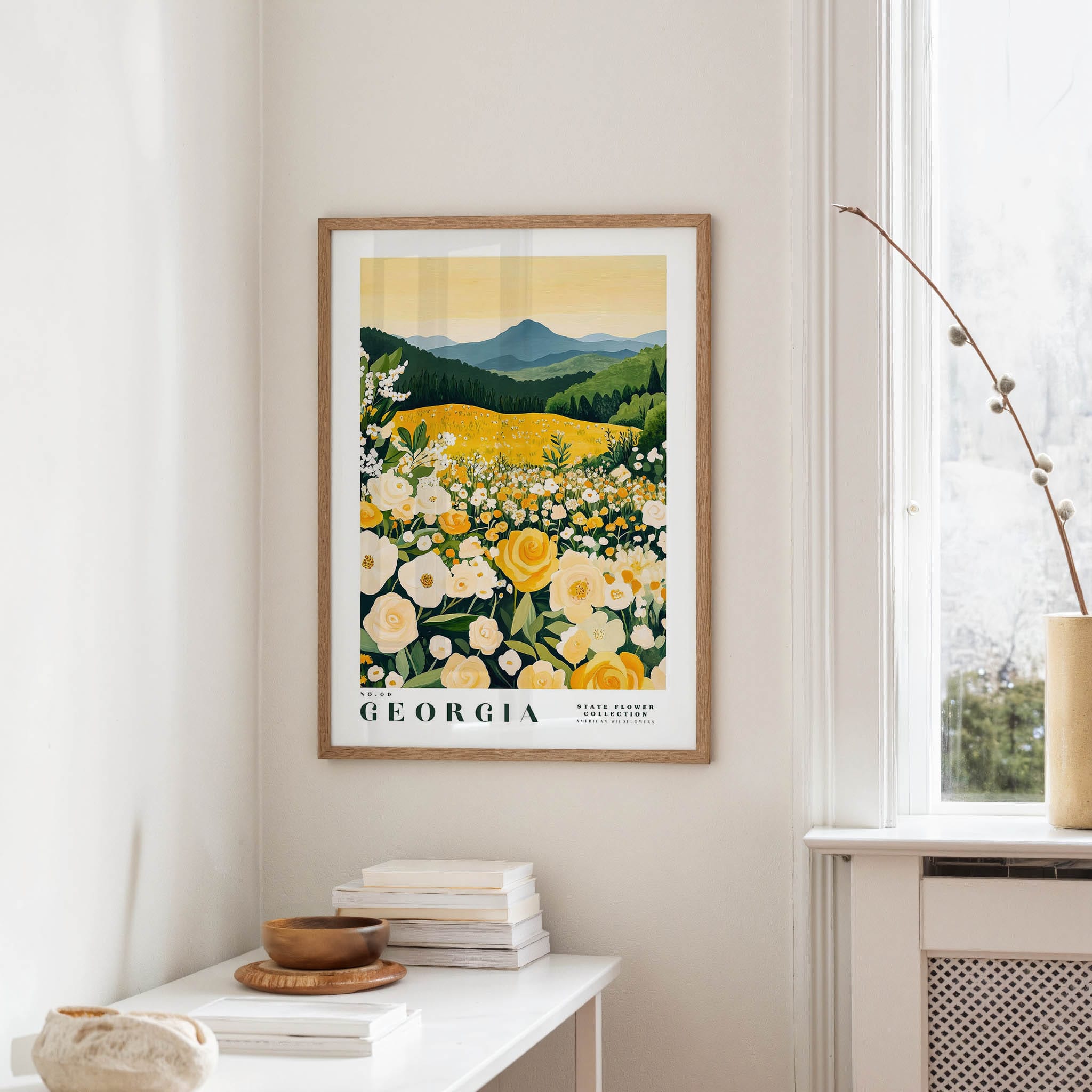 a framed poster of a field of flowers, with the text "GEORGIA STATE FLOWER COLLECTION" below it.