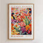 The image is a framed poster depicting a vibrant and colorful flower market scene in Budapest, Hungary.