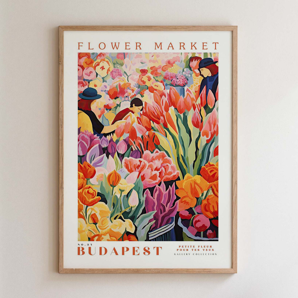 The image is a framed poster depicting a vibrant and colorful flower market scene in Budapest, Hungary.
