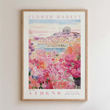 The image is a framed poster depicting a colorful and vibrant flower market in Athens, Greece.