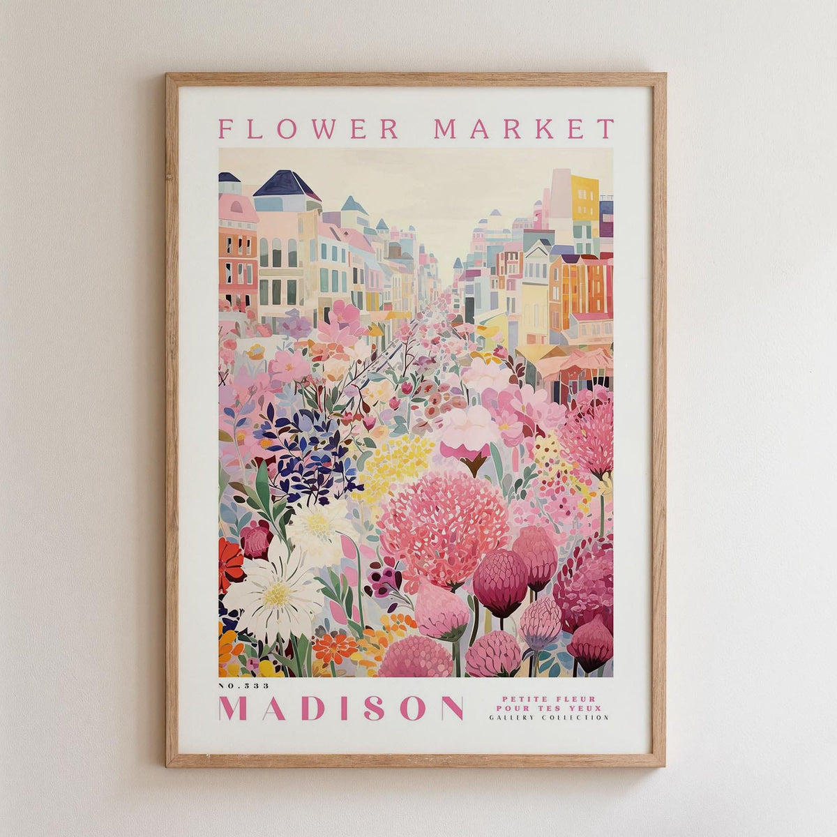 The image is a framed poster depicting a vibrant and colorful flower market in Madison, Wisconsin.