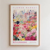 The image is a framed poster depicting a vibrant and colorful flower market in the city of San Francisco, California.