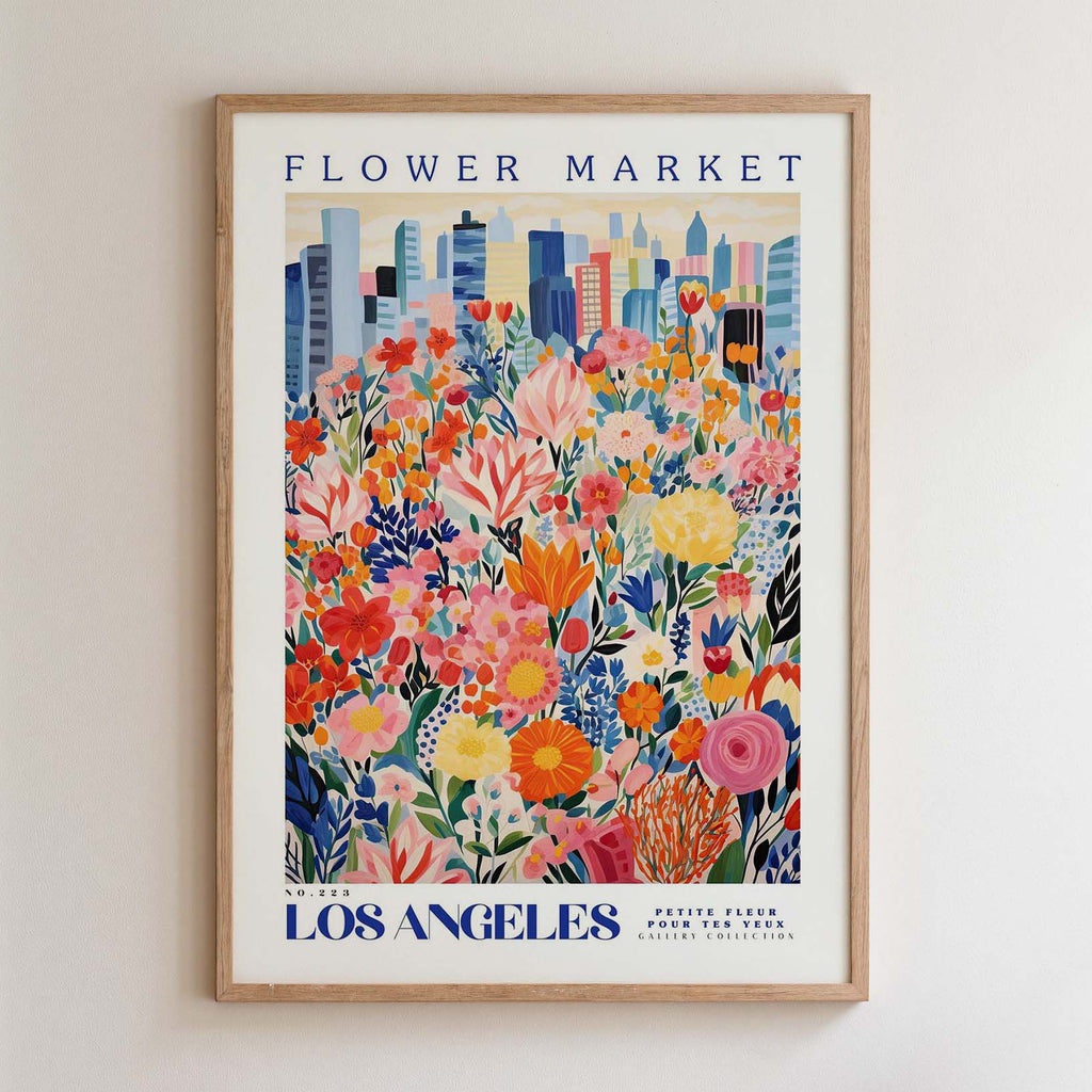 The image is a framed poster depicting a vibrant and colorful flower market in Los Angeles, California.