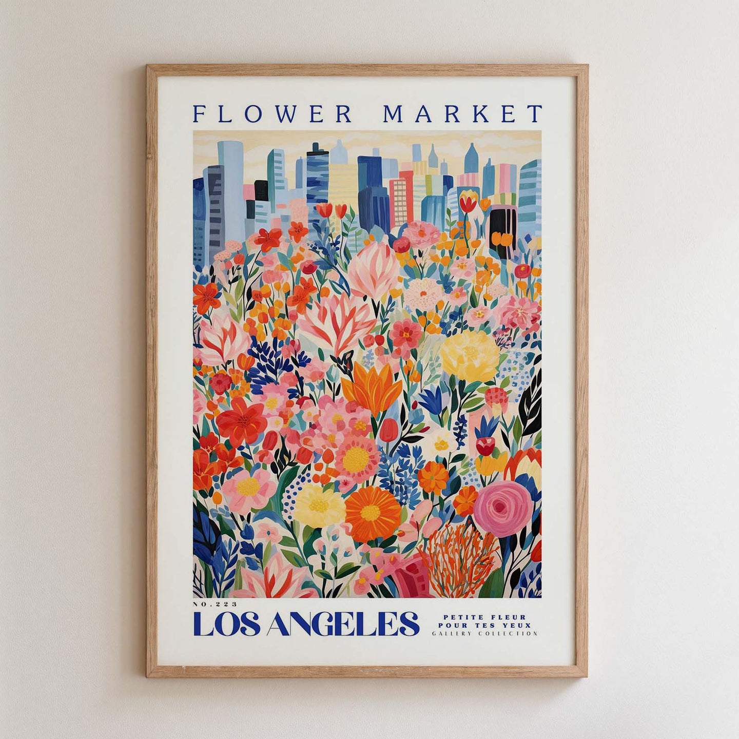 The image is a framed poster depicting a vibrant and colorful flower market in Los Angeles, California.