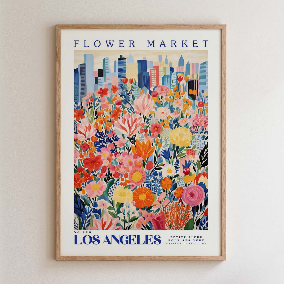 The image is a framed poster depicting a vibrant and colorful flower market in Los Angeles, California.