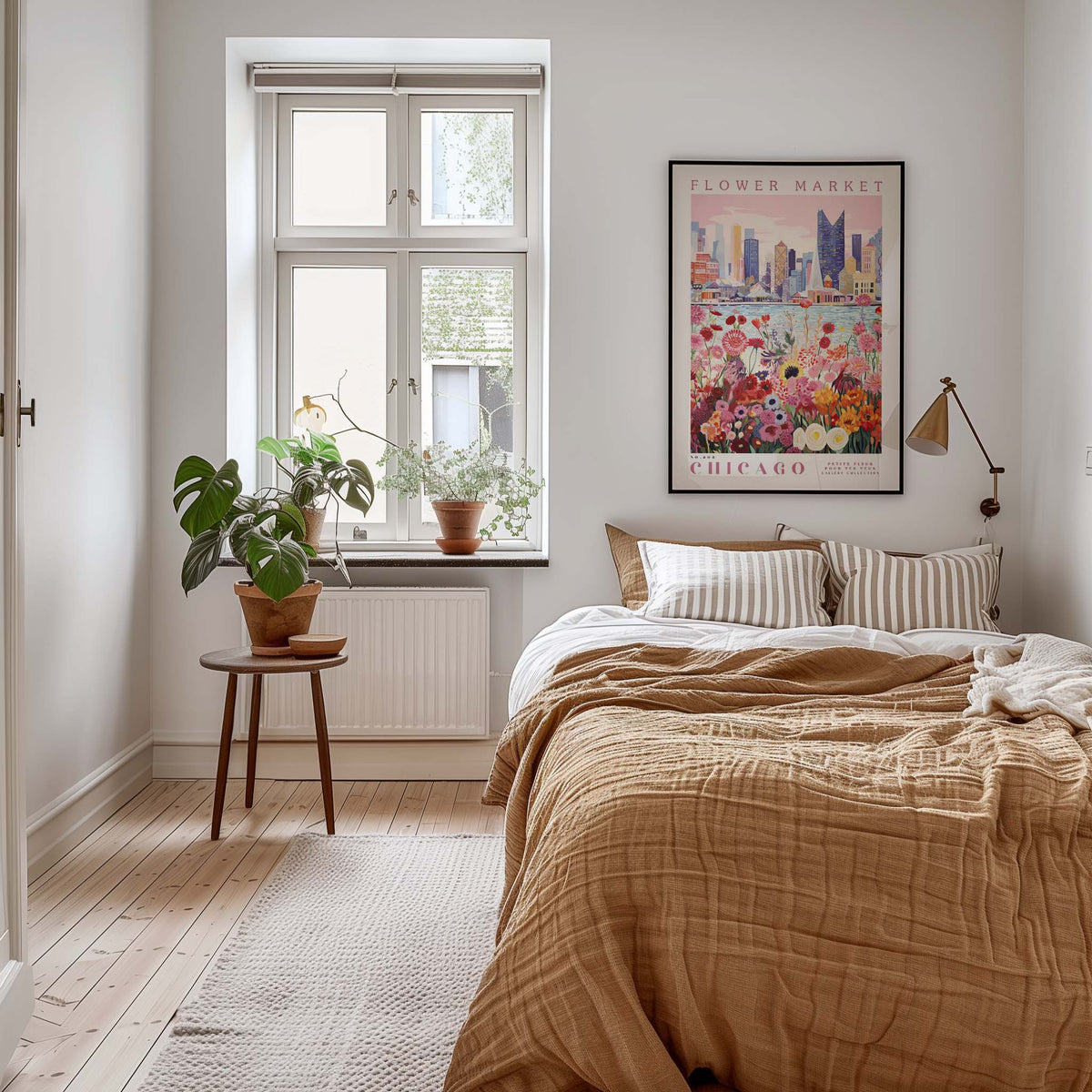 a cozy bedroom with a large bed, a nightstand with a plant, and a framed poster of a cityscape on the wall.