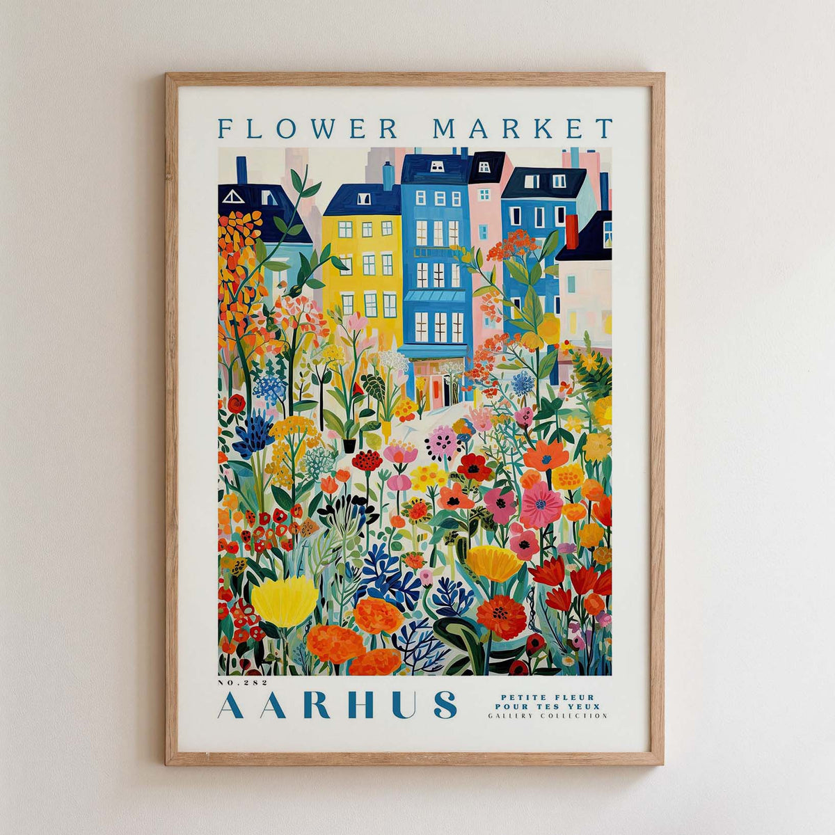 The image is a framed poster depicting a colorful and vibrant flower market scene with various flowers and buildings.