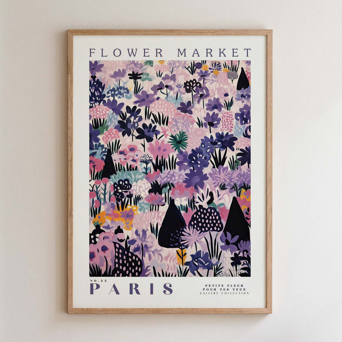 The image is a framed poster of a floral pattern with various flowers and plants, including purple, pink, and green colors. The poster is titled "FLOWER MARKET PARIS" and features a collage of different images of flowers and plants.