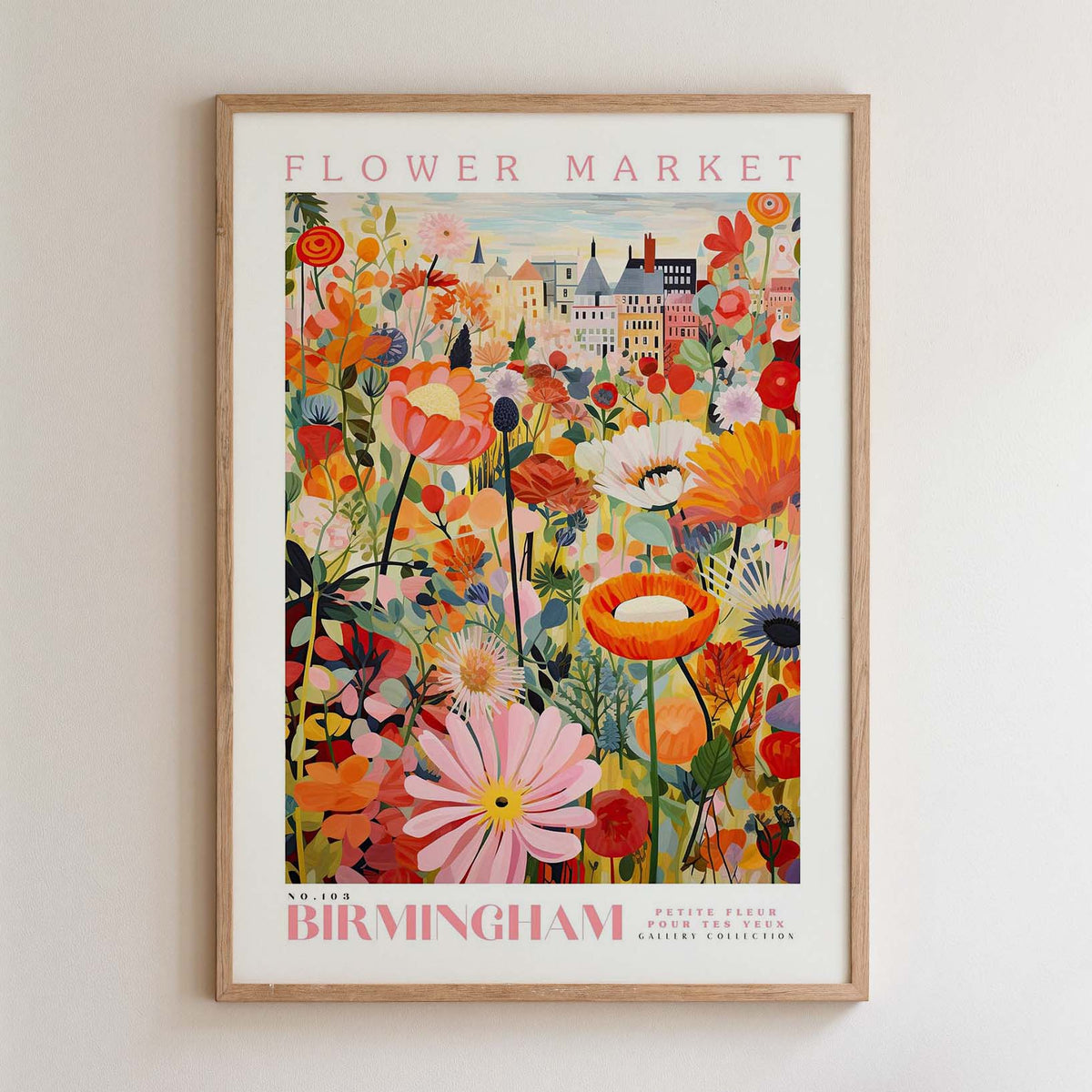 The image is a framed poster depicting a vibrant and colorful floral scene, with various flowers and plants arranged in a visually appealing manner.