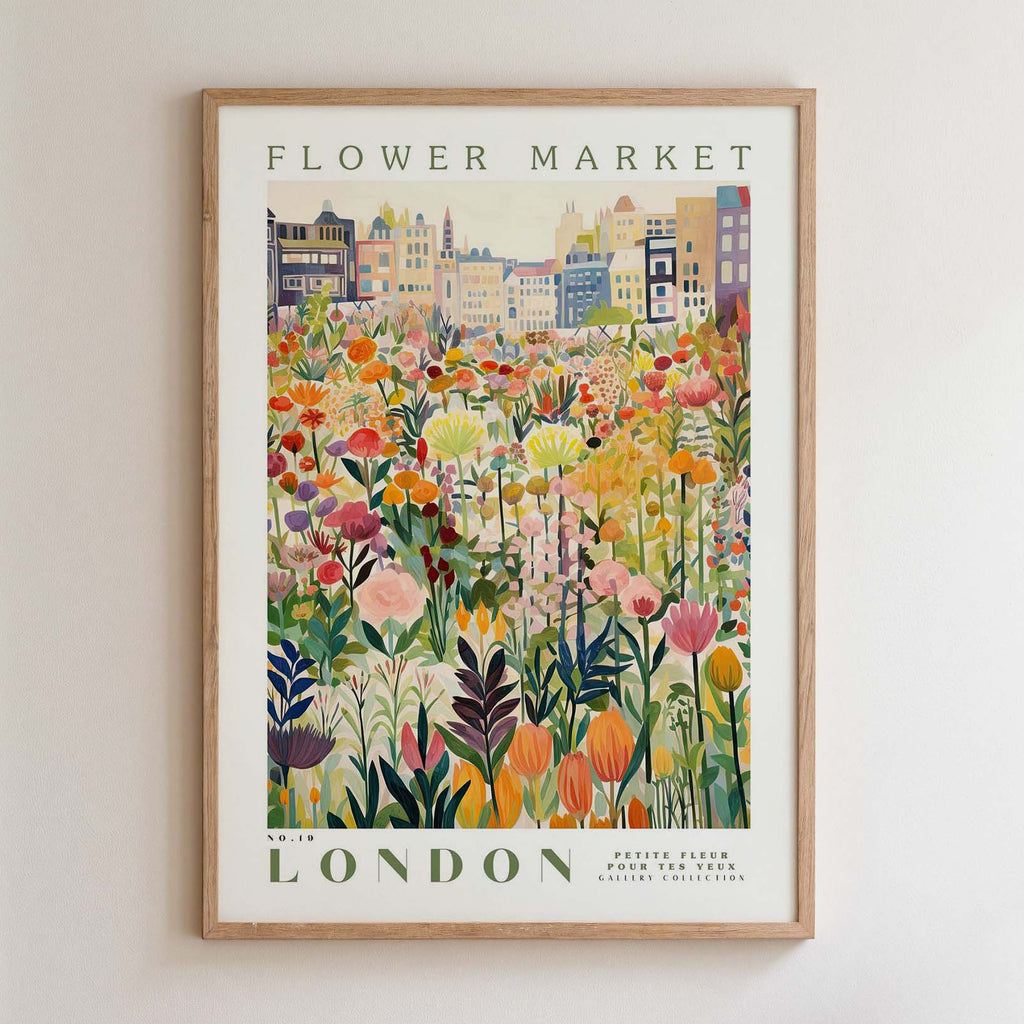 The image is a framed poster depicting a vibrant and colorful flower market in London.