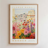 The image is a framed poster depicting a vibrant and colorful flower market in Rhodes, Greece.