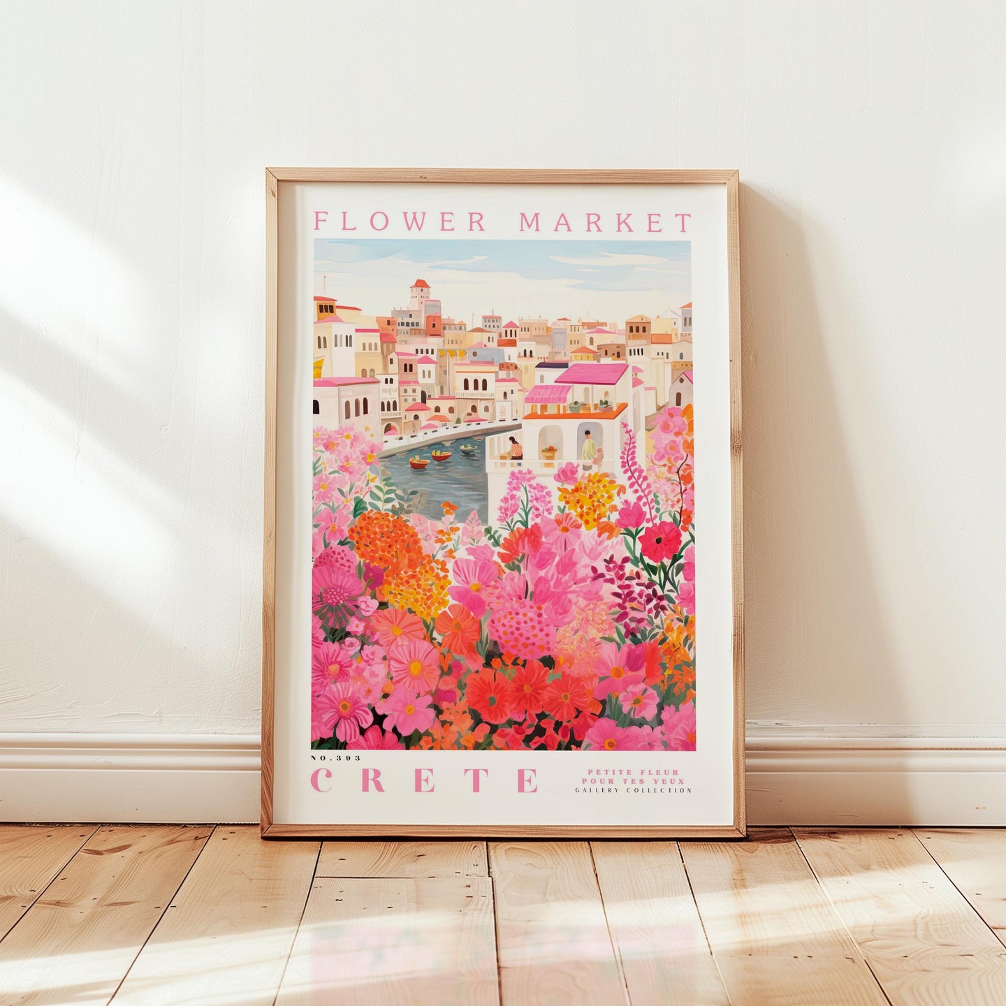 The image is a framed poster of a cityscape with a flower market in the background, featuring a variety of colorful flowers and buildings.