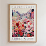 The image is a framed poster depicting a cityscape with a flower market in the foreground.