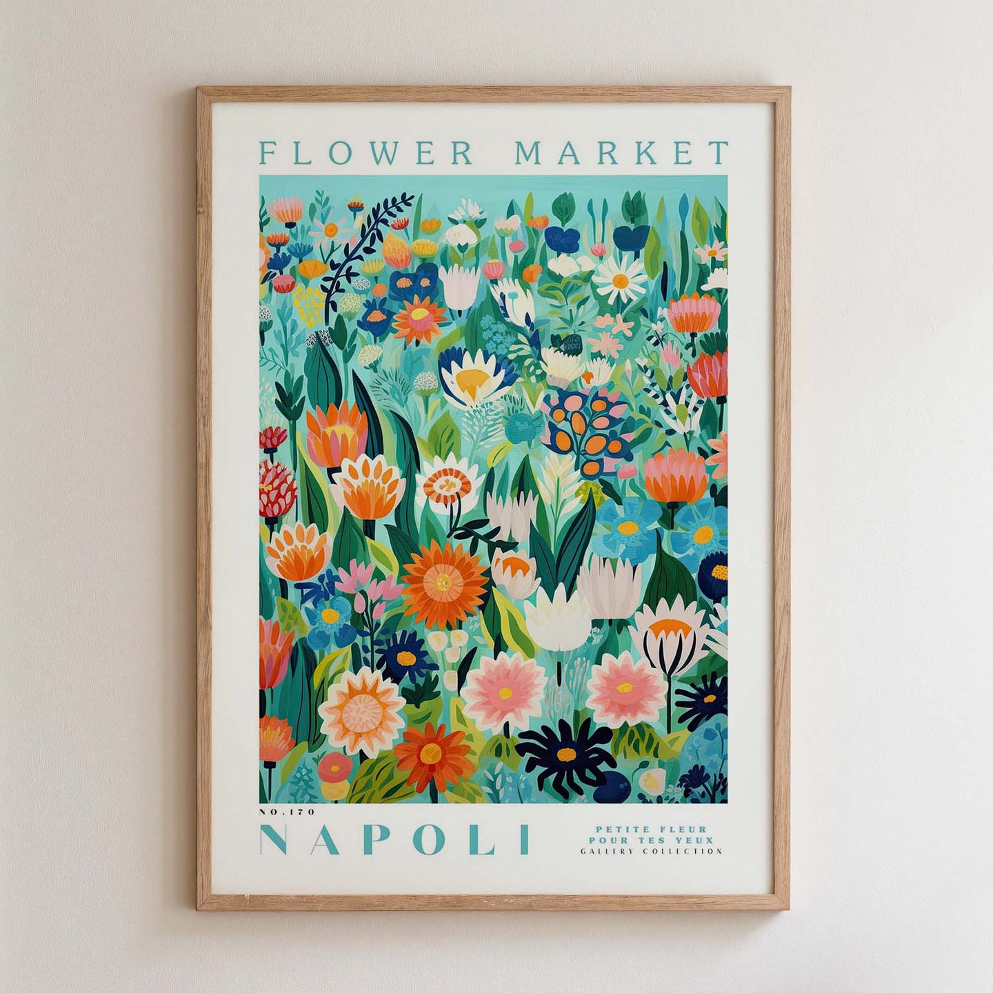 The image is a framed poster depicting a vibrant and colorful floral scene, with various flowers and plants arranged in a visually appealing manner.