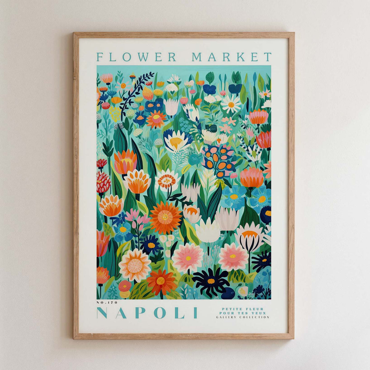 The image is a framed poster depicting a vibrant and colorful floral scene, with various flowers and plants arranged in a visually appealing manner.