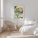 a serene bedroom scene with a bed, a woven chair, and a framed poster of a garden with flowers hanging on the wall.