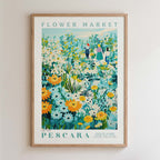 The image is a framed poster depicting a vibrant and colorful flower market scene.