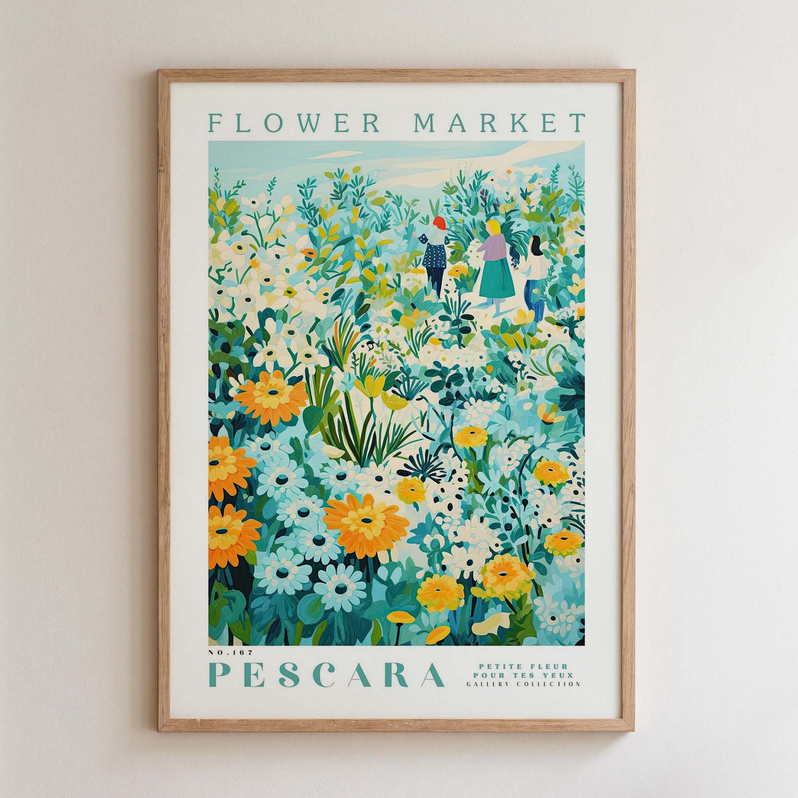 The image is a framed poster depicting a vibrant and colorful flower market scene.