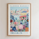 The image is a framed poster depicting a vibrant and colorful scene of a flower market in Amelia Island, Portugal.