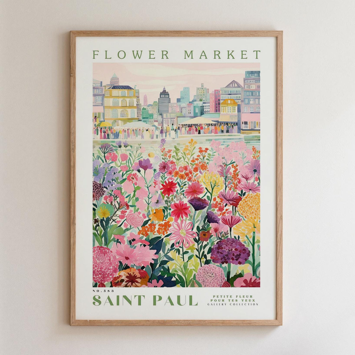 The image is a framed poster depicting a vibrant and colorful flower market in Saint Paul, with a variety of flowers and people gathered around the market.