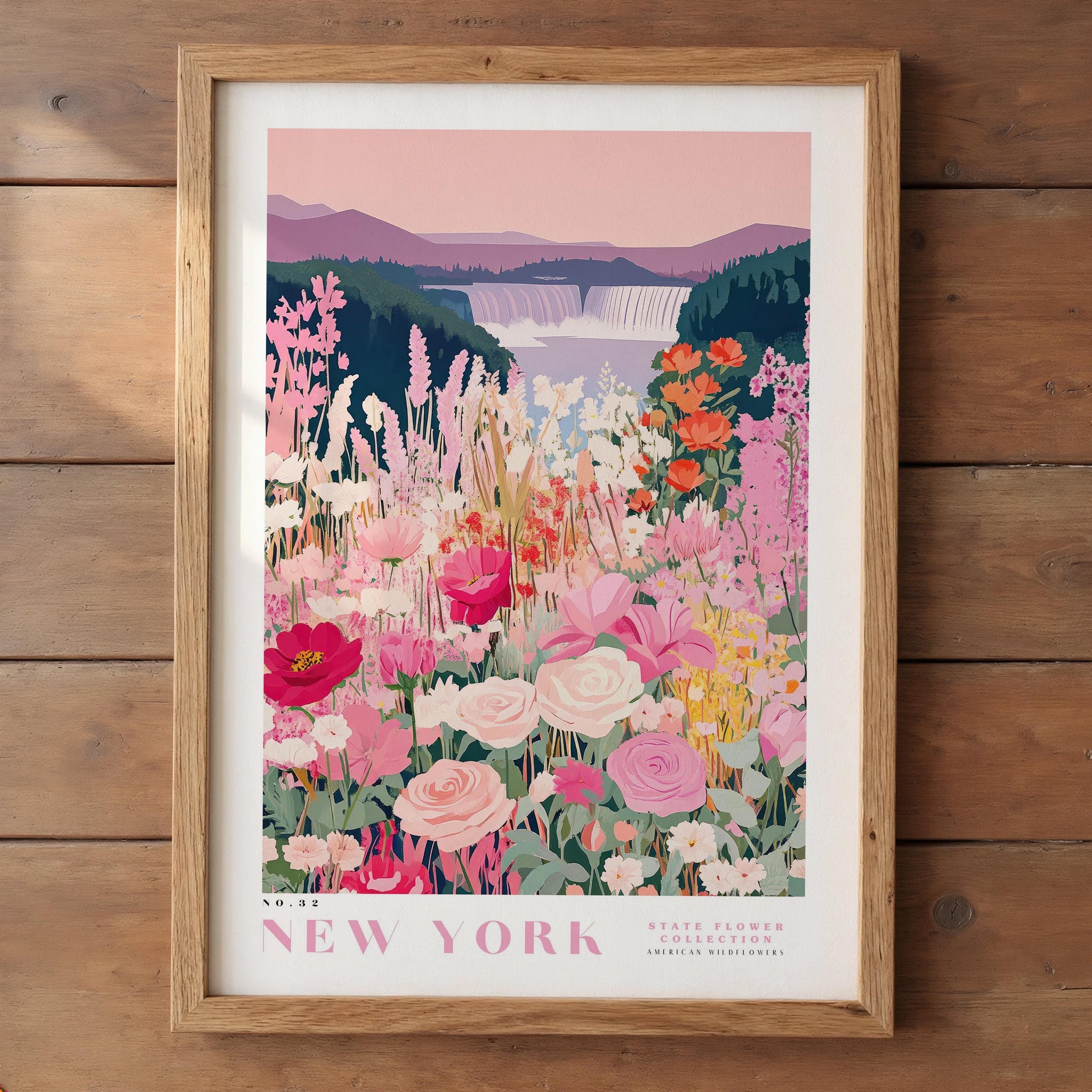 A framed poster depicting a vibrant field of flowers with a waterfall in the background, set against a pink and purple sky.