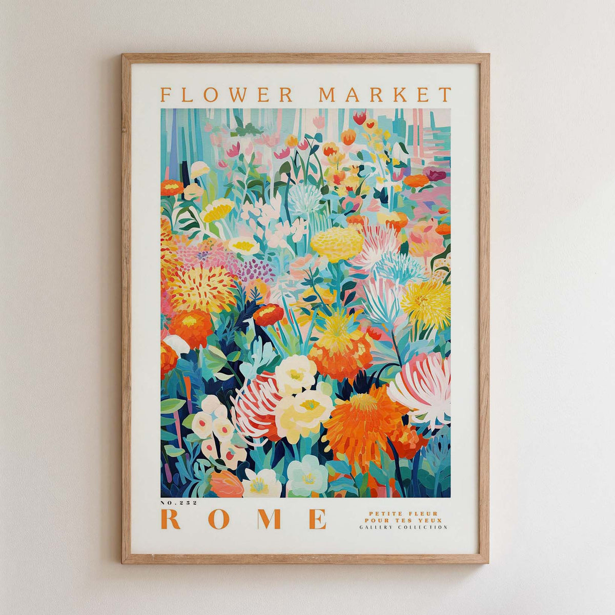 The image is a framed poster of a vibrant and colorful floral arrangement, depicting various flowers and plants in a lively and cheerful composition.