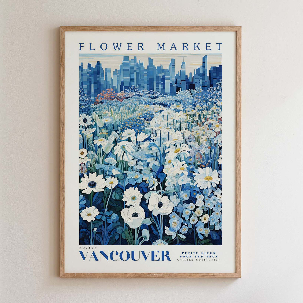 The image is a framed poster depicting a cityscape with a field of flowers in the foreground.