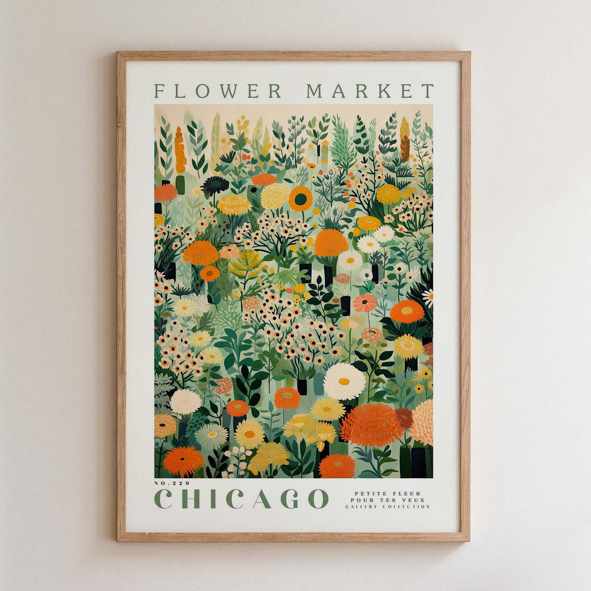 The image is a framed poster depicting a vibrant and colorful floral scene, with various types of flowers and plants arranged in a visually appealing manner.
