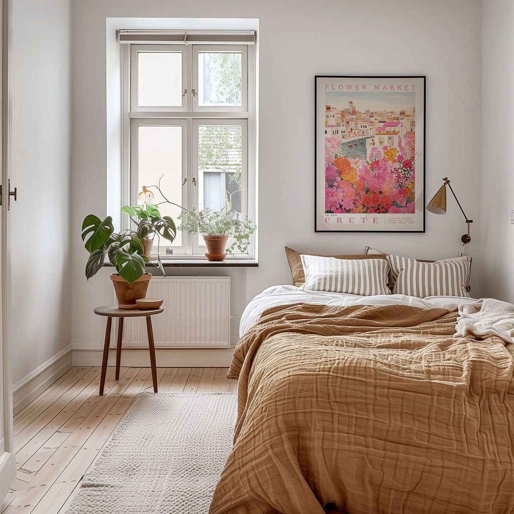 a cozy bedroom with a large bed, a nightstand with a plant, and a framed poster on the wall. The room has a warm, inviting atmosphere with a wooden floor and a rug.