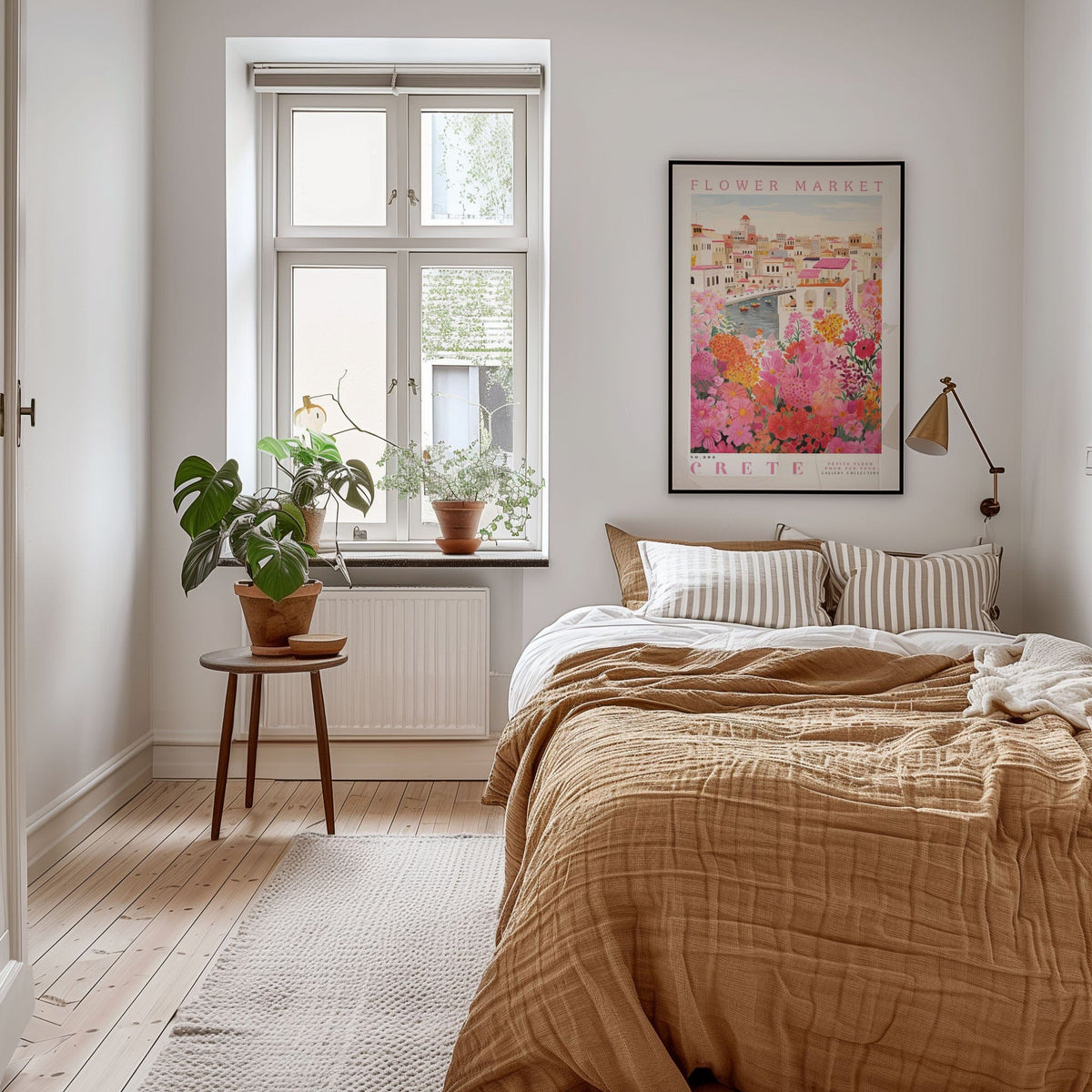 a cozy bedroom with a large bed, a nightstand with a plant, and a framed poster on the wall. The room has a warm, inviting atmosphere with a wooden floor and a rug.