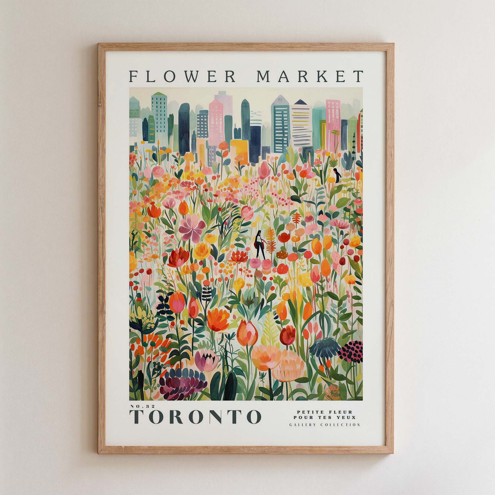 The image is a framed poster depicting a vibrant and colorful flower market in Toronto, Canada.