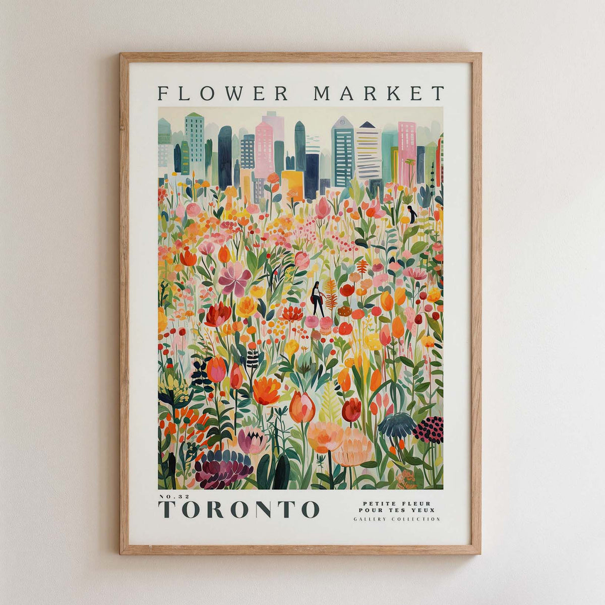 The image is a framed poster depicting a vibrant and colorful flower market in Toronto, Canada.