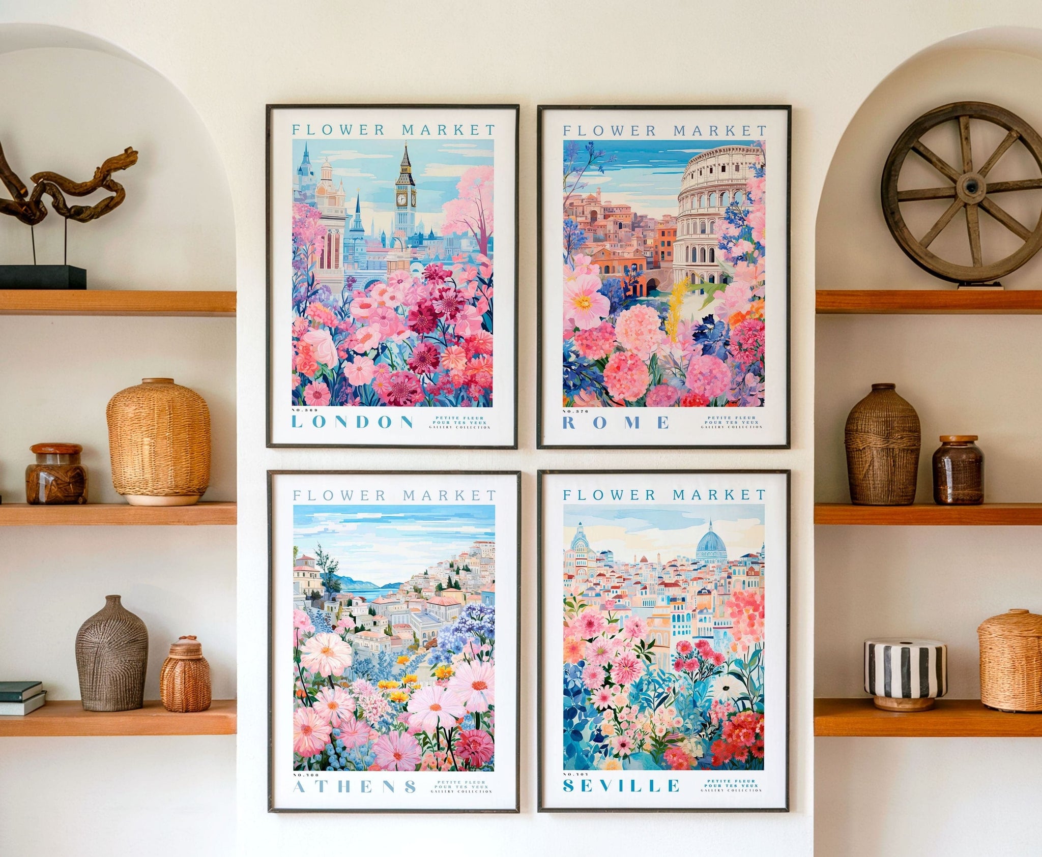 four framed prints of flower market scenes from different cities, including London, Rome, Athens, and Seville, displayed on a wall above wooden shelves with various decorative items.