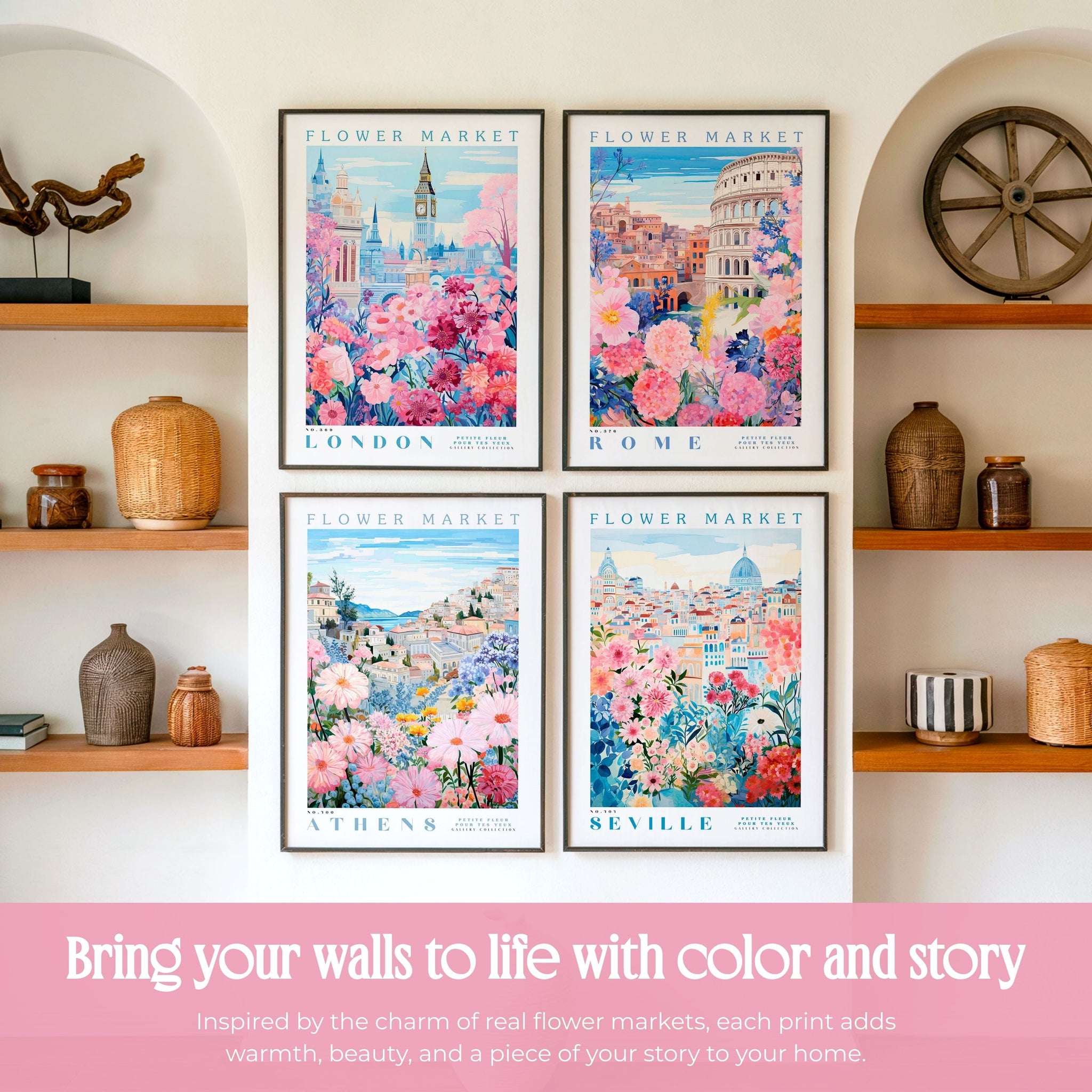 four framed prints of flower market scenes from different cities, including London, Rome, Athens, and Seville, displayed on a wall above wooden shelves with various decorative items.