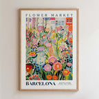 The image is a framed poster depicting a vibrant and colorful garden scene with various flowers and plants.