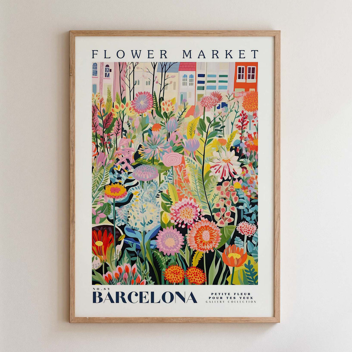 The image is a framed poster depicting a vibrant and colorful garden scene with various flowers and plants.