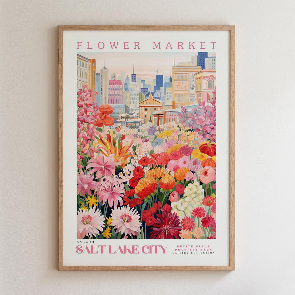 The image is a framed poster depicting a vibrant and colorful flower market in Salt Lake City, Utah.