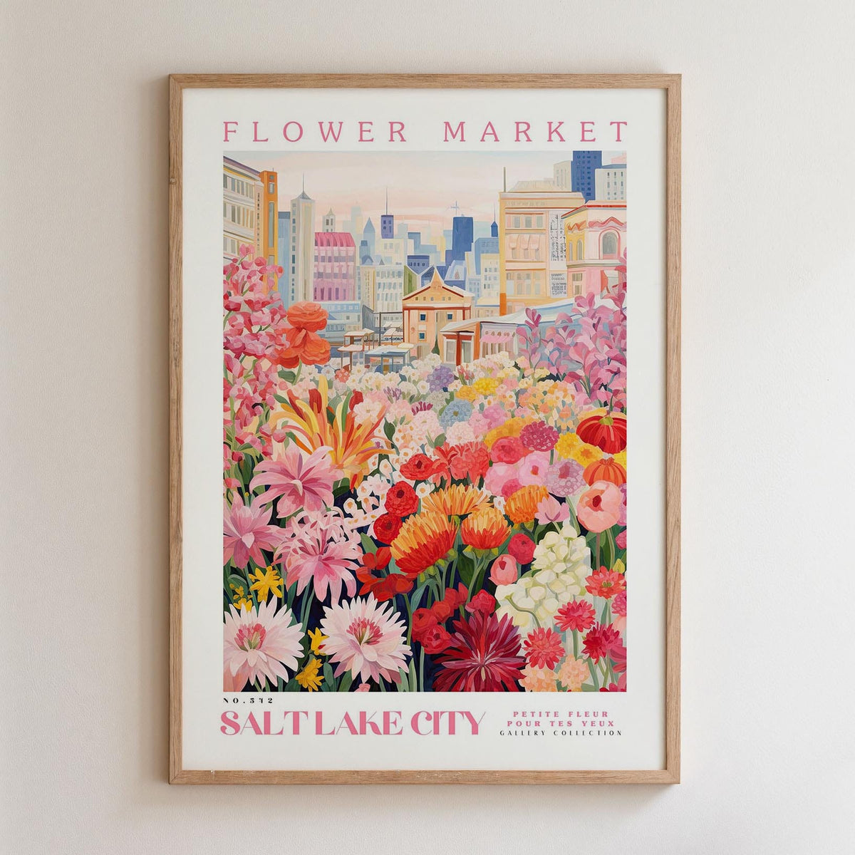 The image is a framed poster depicting a vibrant and colorful flower market in Salt Lake City, Utah.