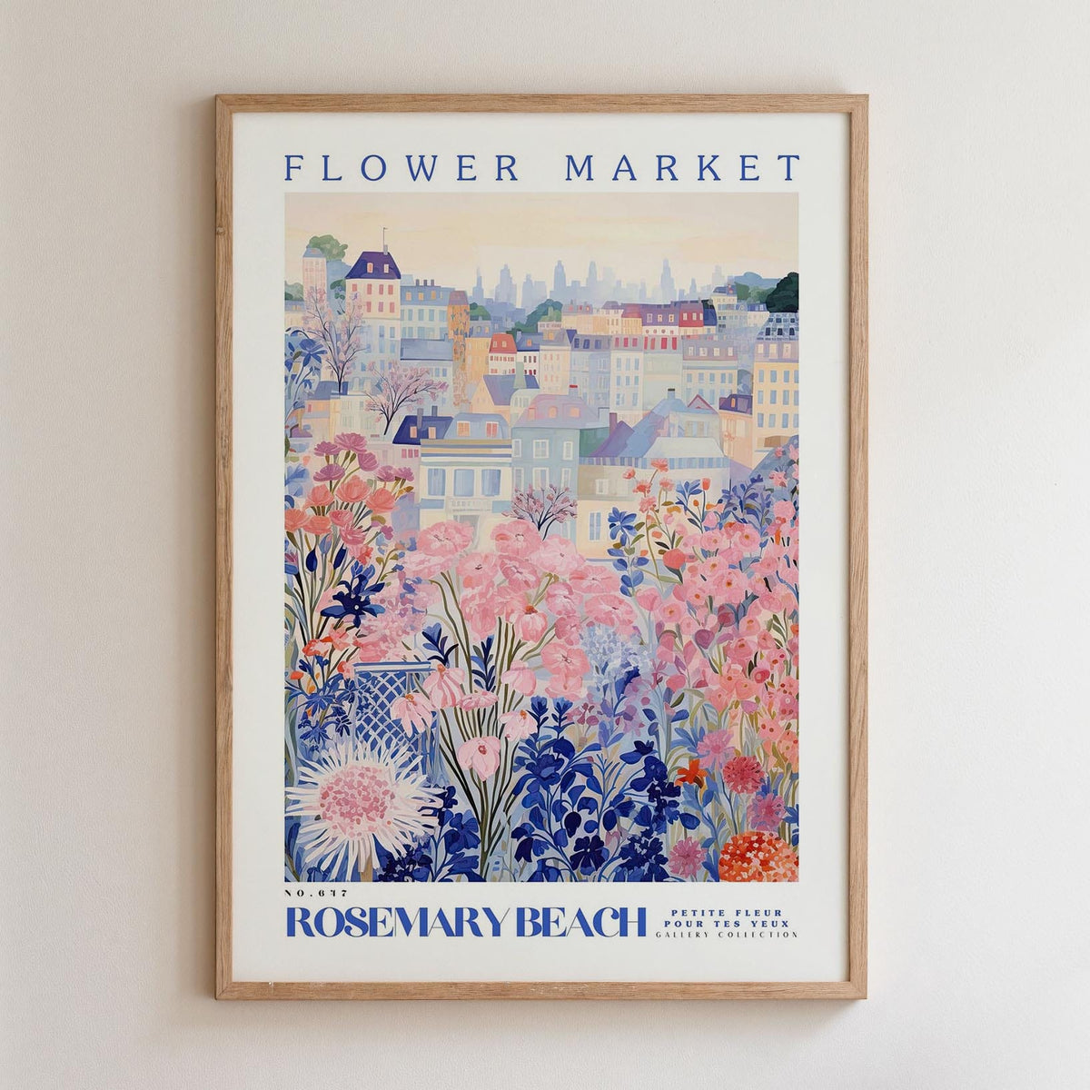 The image is a framed poster depicting a cityscape with colorful flowers and buildings, titled "Flower Market Rosemary Beach" and featuring the text "N°56" and "PITÉ FLEUR GALLERY COLLECTION".