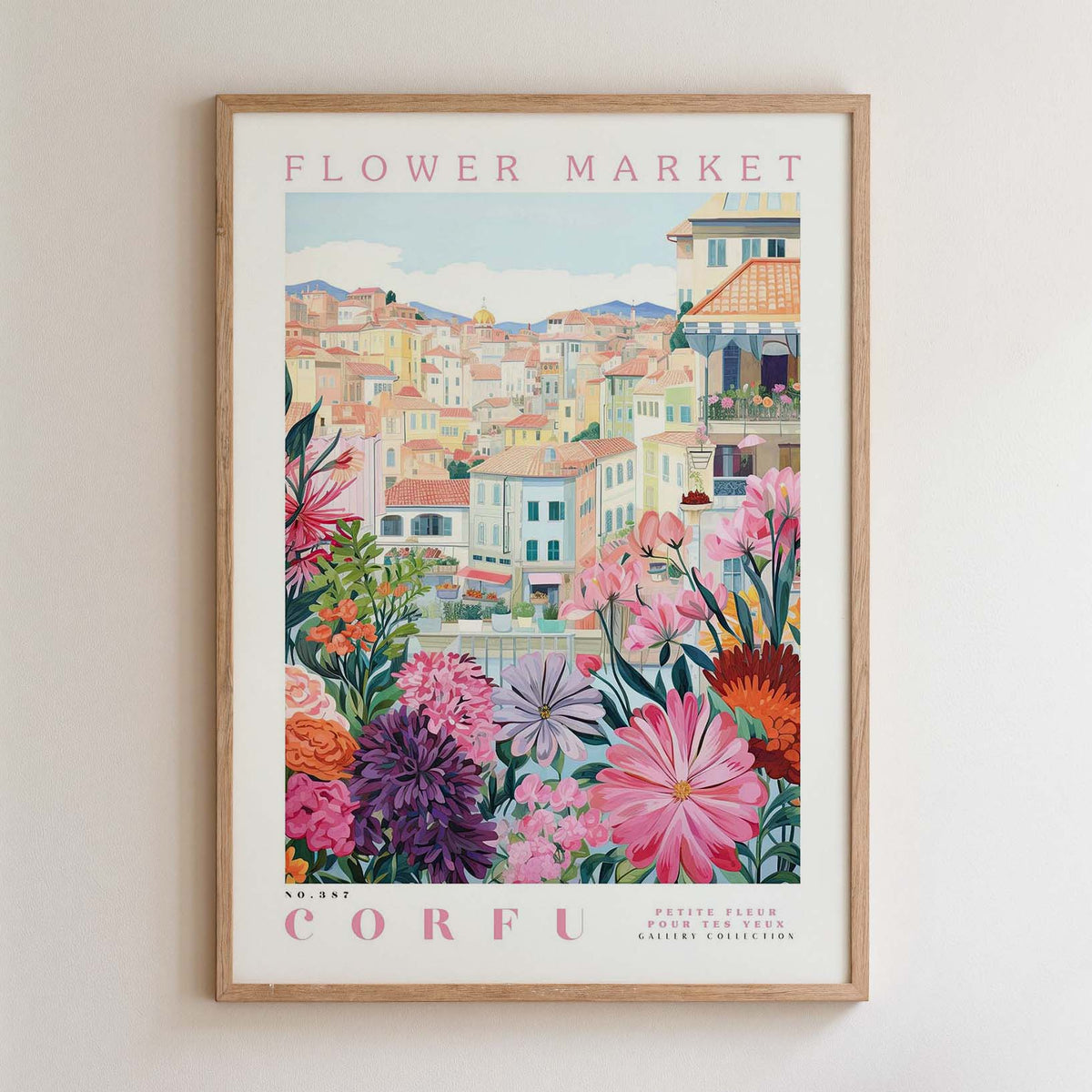 The image is a framed poster depicting a colorful and vibrant flower market in Corfu, Greece.