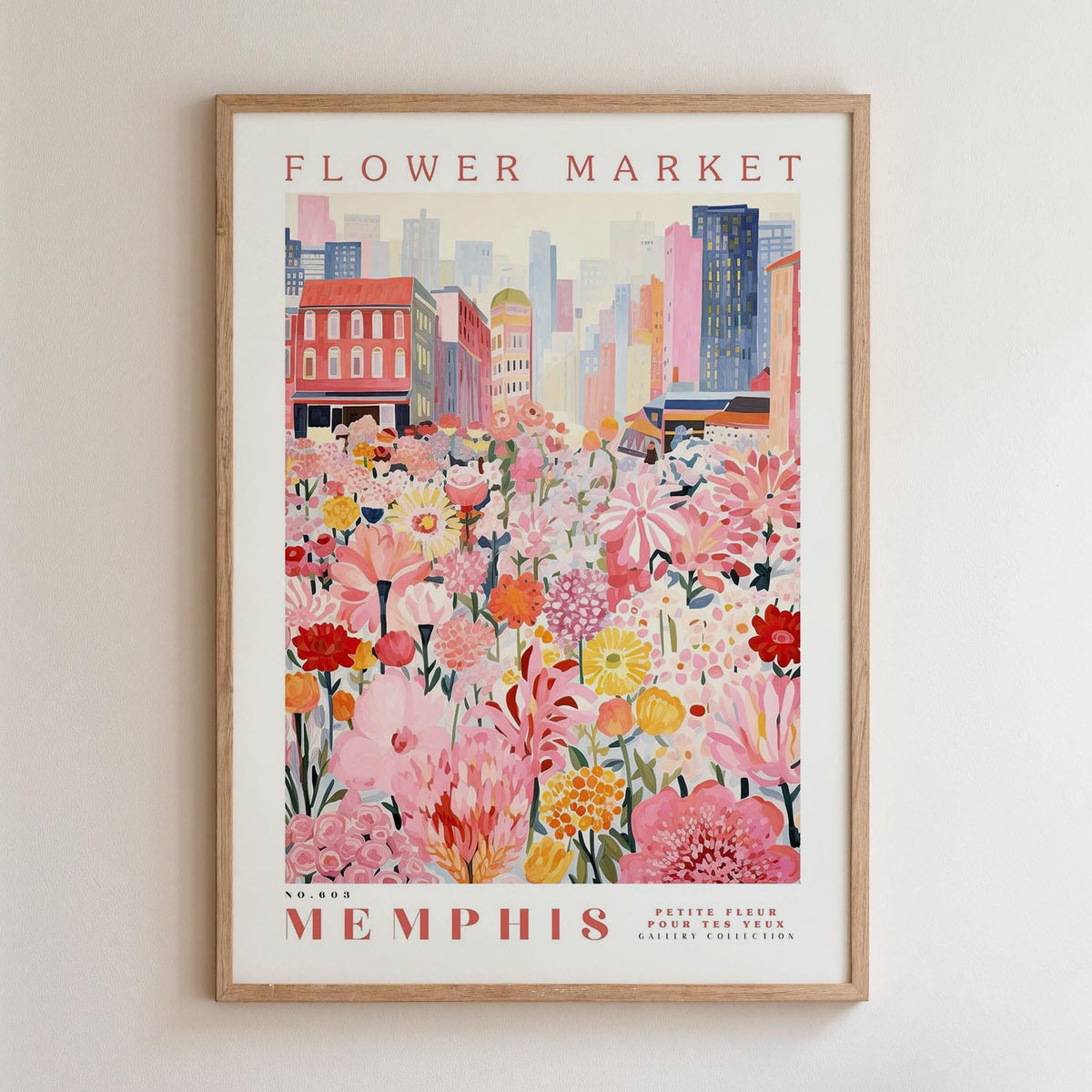 The image is a framed poster depicting a vibrant and colorful flower market in the city of Memphis, Tennessee.