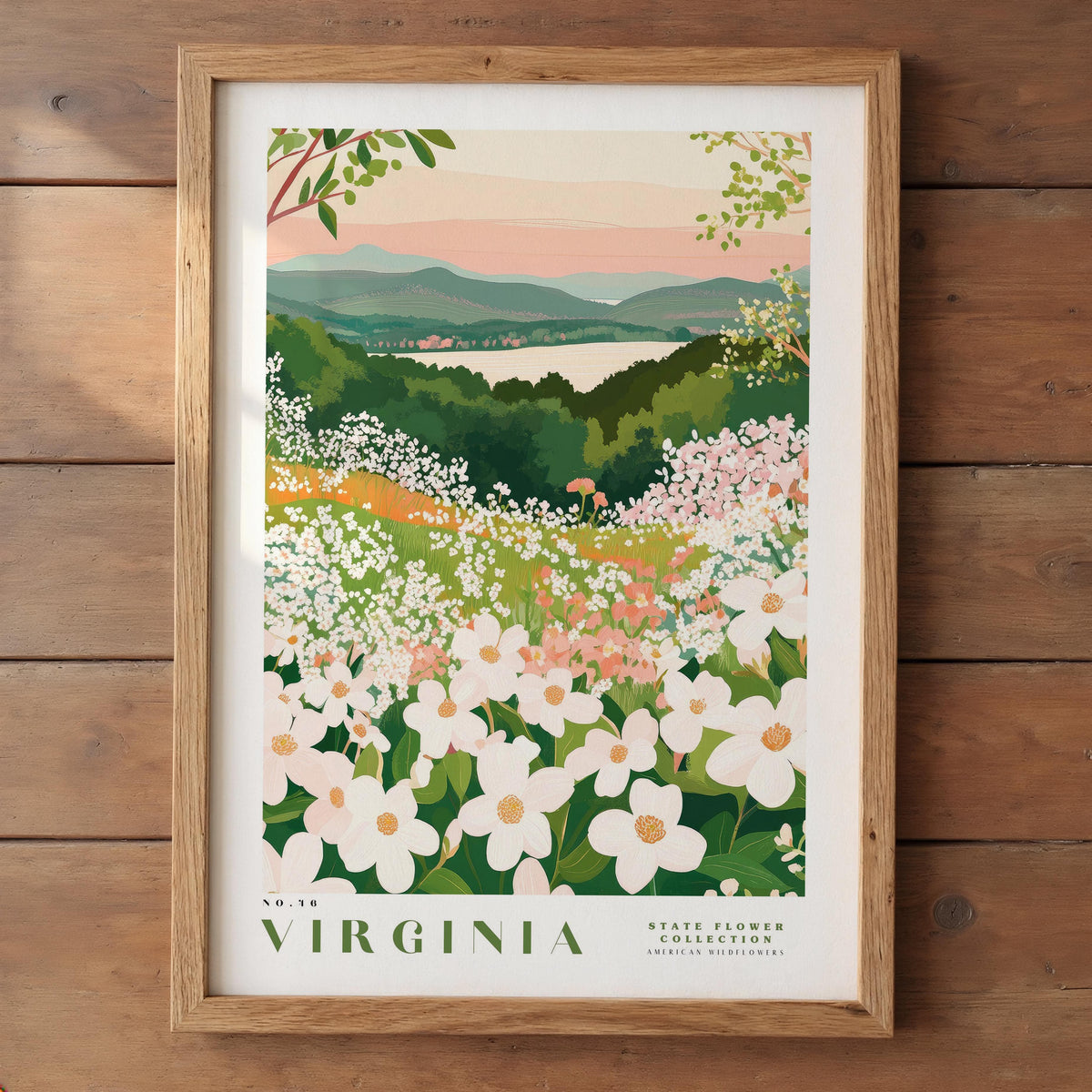 The image is a framed print depicting a scenic landscape of a field filled with white flowers, surrounded by lush greenery and mountains in the background.