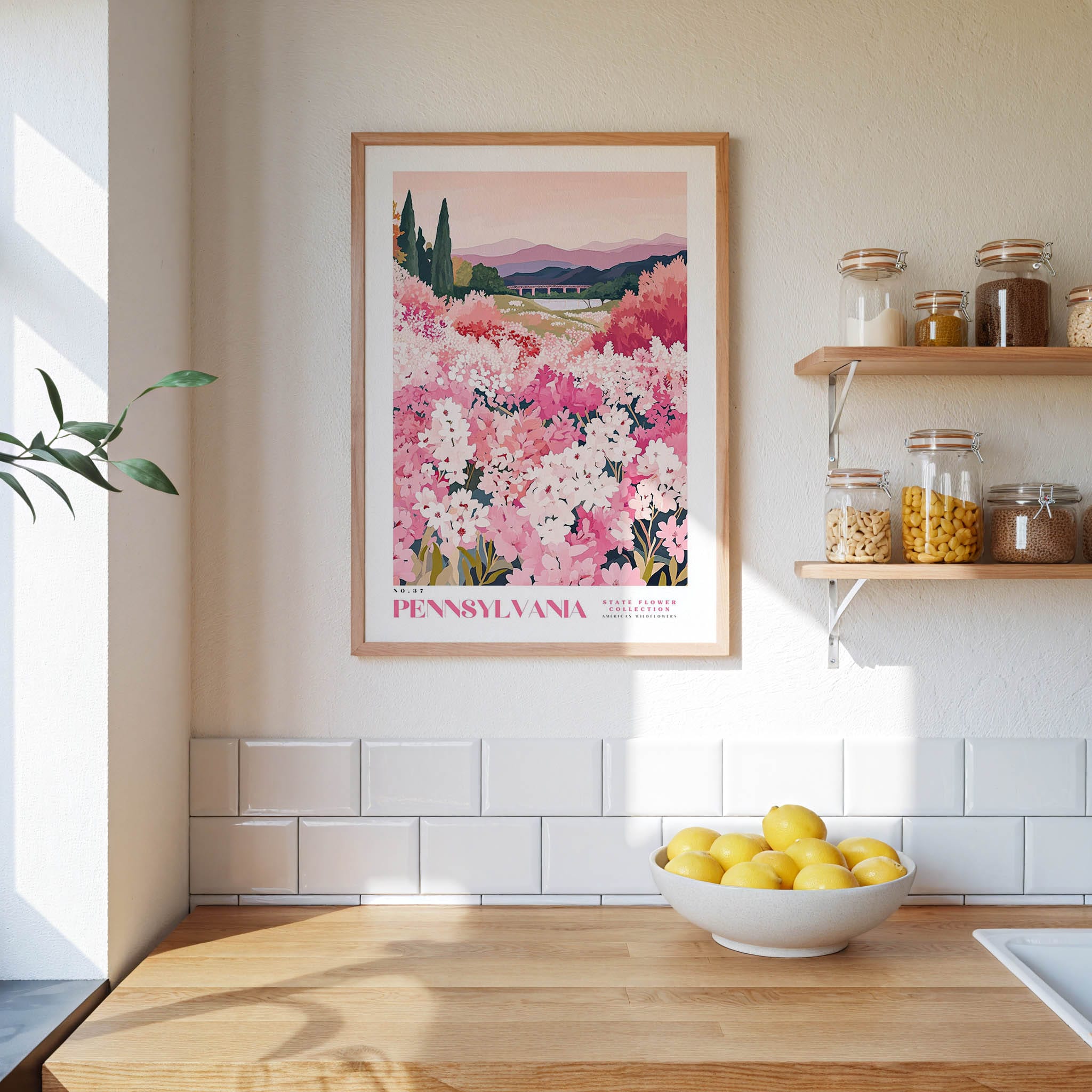 a framed poster of a field of pink flowers hanging on a wall above a wooden countertop with a bowl of lemons.