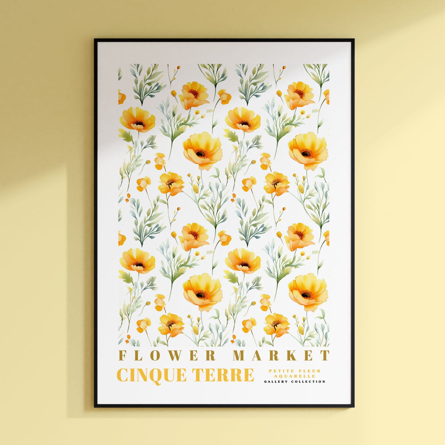 a yellow flower market poster hanging on a wall