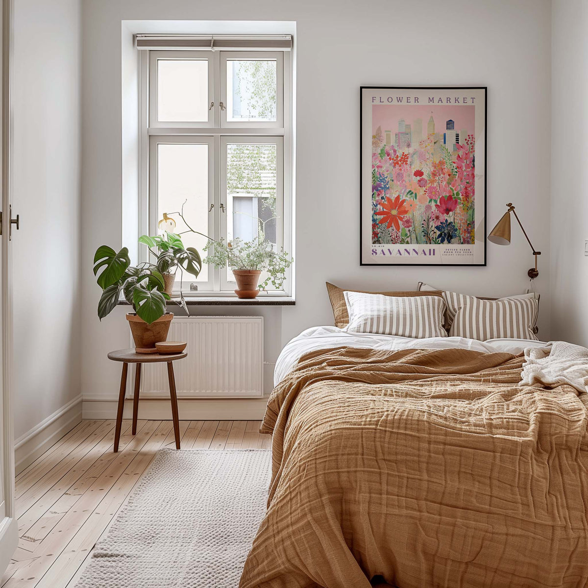 a cozy bedroom with a large bed, a nightstand with a plant, and a framed poster of a flower market on the wall.