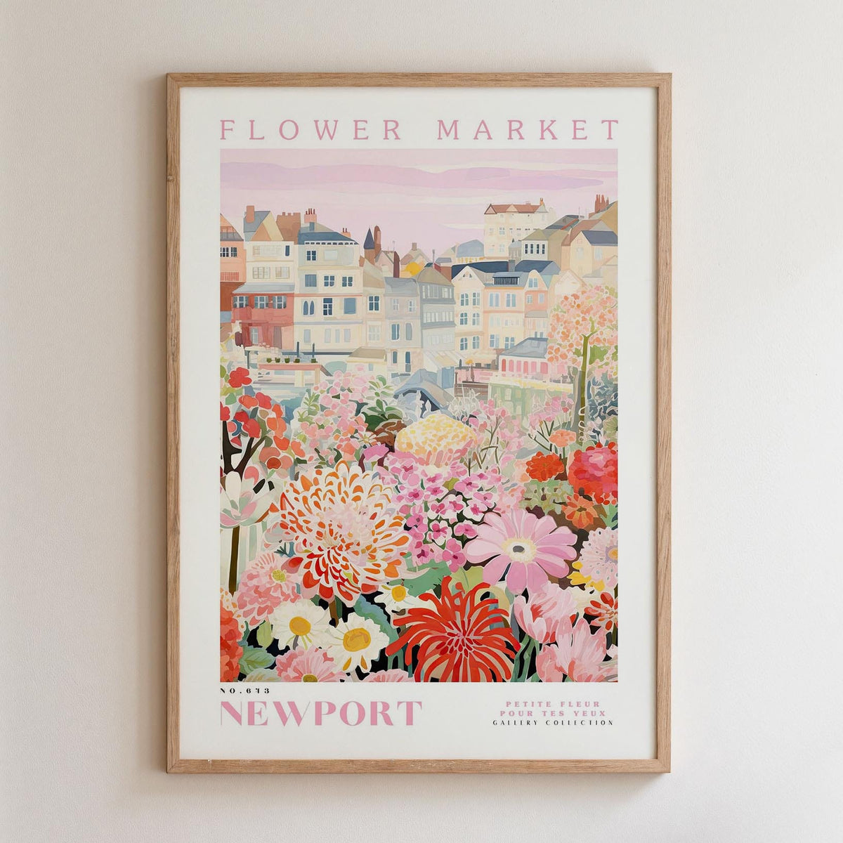 The image is a framed poster depicting a vibrant and colorful flower market in Newport, UK.