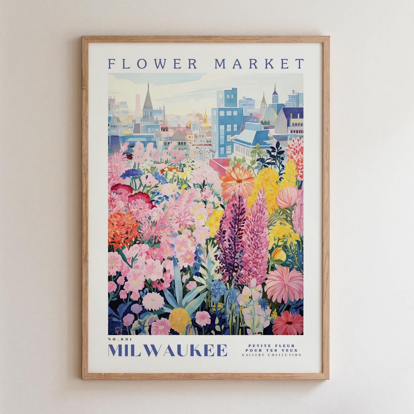 The image is a framed poster depicting a vibrant and colorful flower market in Milwaukee, Wisconsin.