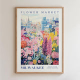 The image is a framed poster depicting a vibrant and colorful flower market in Milwaukee, Wisconsin.